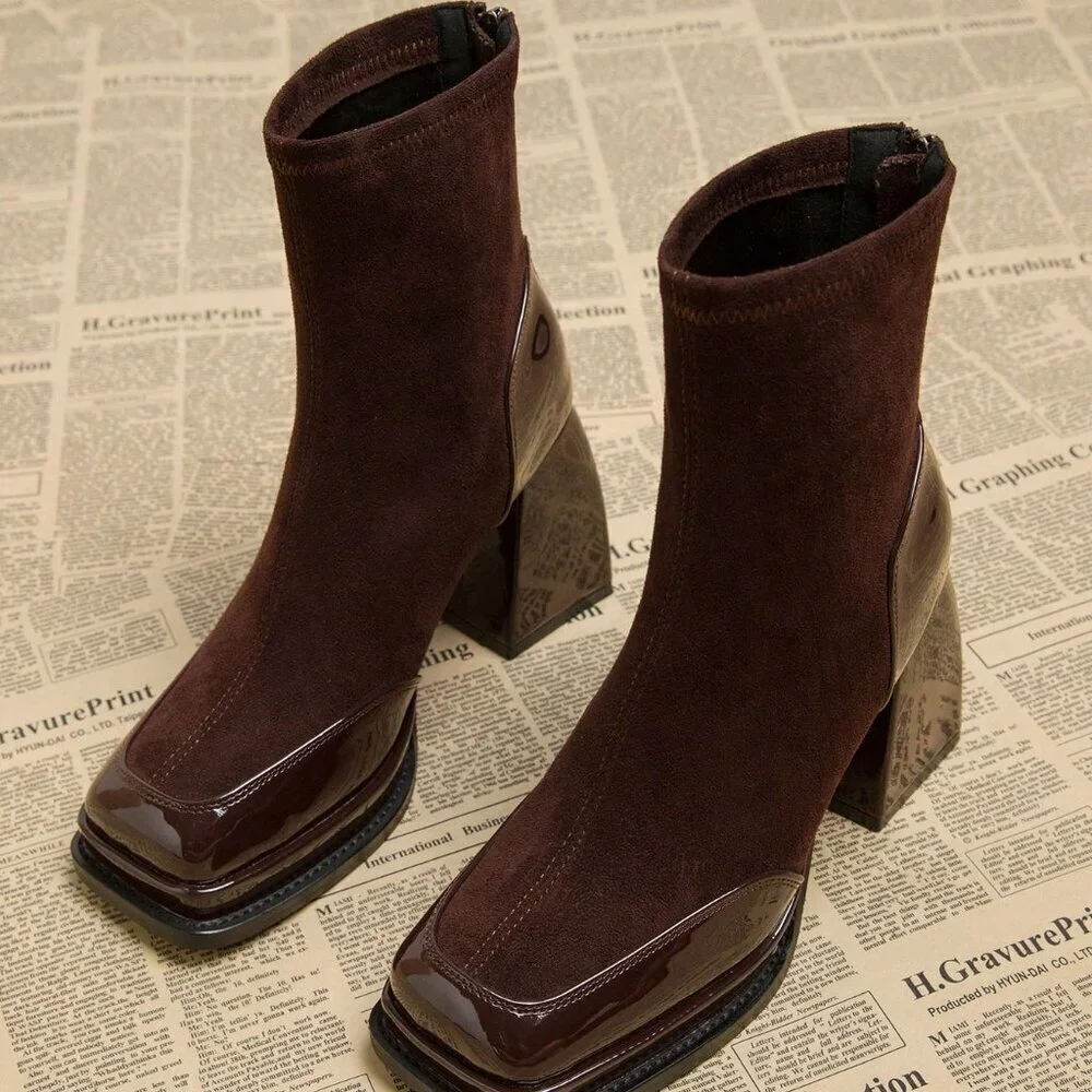 Burgundy Elegant Women's Waterproof Platform High Heel Boots